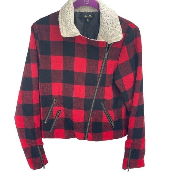 Dee Elle Vintage Red Buffalo Plaid Sherpa moto Jacket angle zip Medium - Picture 2 of 9